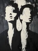 Expressionistisch schilderij van twee gezichten in zwart-wit