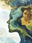 Twee abstracte gezichten in profiel met golvend blauw-groen en goudkleurig marmerpatroon als haar