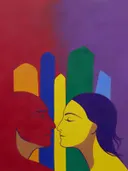 Schilderij van twee gezichten naar elkaar toe in alle kleuren van de regenboog