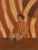 Schilderij van twee glazen op tafel in terracotta en zand, in vlakke kleurvlakken