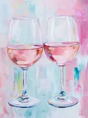 Schilderij van twee glazen rosé wijn tegen een pastelkleurige achtergrond.