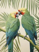 Twee groenblauwe ara papegaaien tegenover elkaar op een tak.