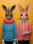 Twee hazen in kleurrijke kleding, surrealisme schilderij