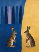 Schilderij van twee hazen in kobalt en saffraan, in vlakke kleurvlakken