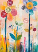 Twee grote gestileerde bloemen met kleurrijke bloemblaadjes op een pastel achtergrond