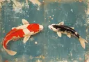 Illustratie van twee koi vissen op een verweerde blauwgroene achtergrond