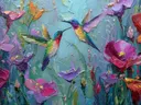Schilderij van twee kolibries tussen paarse bloemen