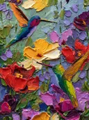 Schilderij van twee kolibries tussen tropische bloemen