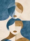 Twee koppen boven elkaar in denimblauw, mid-century modern schilderij