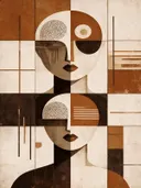 Twee koppen boven elkaar in sienna, mid-century modern schilderij