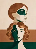 Twee koppen boven elkaar in smaragdgroen, mid-century modern schilderij