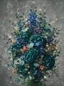 Fotografisch bloemboeket met twee lieveheersbeestjes in oceaantinten