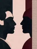 Twee mannen tegenover elkaar in bordeaux, mid-century modern schilderij