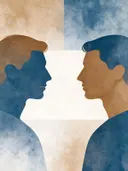 Twee mannen tegenover elkaar in denimblauw, mid-century modern schilderij