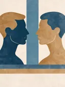 Twee mannen tegenover elkaar in denimblauw, mid-century modern schilderij