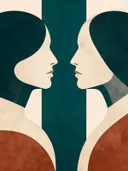 Twee mannen tegenover elkaar in diep zeegroen, mid-century modern schilderij