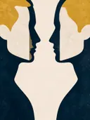 Twee mannen tegenover elkaar in middernachtblauw, mid-century modern schilderij