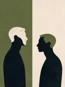 Twee mannen tegenover elkaar in olijfgroen, mid-century modern schilderij