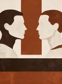 Twee mannen tegenover elkaar in sienna, mid-century modern schilderij