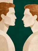 Twee mannen tegenover elkaar in smaragdgroen, mid-century modern schilderij