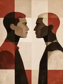 Twee mannen tegenover elkaar in steenrood, mid-century modern schilderij