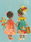 Schilderij van twee meisjes die hand in hand lopen, gezien van achteren