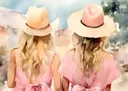 Aquarelschilderij van twee meisjes van achteren gezien in roze jurken en strohoeden aan zee