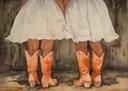Aquarel illustratie van de benen van twee meisjes in witte jurken en oranje cowboylaarzen