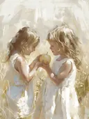 Schilderij van twee meisjes die samen een appel vasthouden