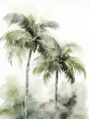 Aquarelillustratie van twee palmbomen op een lichte achtergrond.