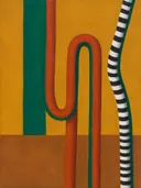 Twee slierten in diep roest en zeegroen, abstract schilderij