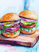 Schilderij van twee hamburgers met ui, tomaat en sla op een snijplank.