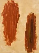 Twee streken in aarde en olijf, abstract schilderij met brede penseelstreken