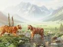 Twee tijgers staan tegenover elkaar bij een beek in een berglandschap