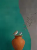 Schilderij van twee velden kleur in aqua en warm grijs