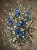 Fotografisch bloemboeket met twee vinken in blauwe tinten
