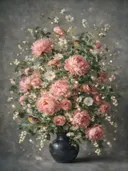 Fotografisch bloemboeket met twee vinken in roze tinten