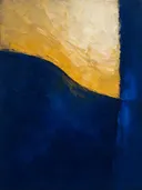 Paletmes abstract schilderij, twee vlakken in mosterd en kobalt