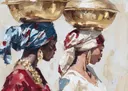 Schilderij van twee vrouwen in profiel met gouden kommen op hun hoofd