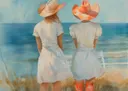 Aquarelschilderij van twee vrouwen met cowboyhoeden van achteren gezien aan zee