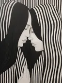 Grafisch zwart-wit portret van twee vrouwen met gestreept haar neus aan neus.