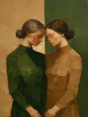 Schilderachtig olieverf schilderij, twee vrouwen in aardetinten