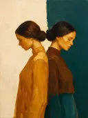 Twee vrouwen, olieverf in amberglans, schilderachtig olieverf schilderij, twee vrouwen