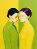 Twee vrouwen, olieverf in citroen en lindegroen, schilderachtig olieverf schilderij, twee vrouwen