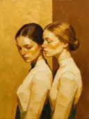 Twee vrouwen, olieverf in diep amberglans, schilderachtig olieverf schilderij, twee vrouwen