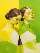 Twee vrouwen, olieverf in diep citroen en lindegroen, schilderachtig olieverf schilderij, twee vrouwen