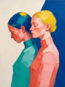 Twee vrouwen, olieverf in diep fel jade, schilderachtig olieverf schilderij, twee vrouwen