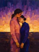 Twee vrouwen, olieverf in diep gouden uur, schilderachtig olieverf schilderij, twee vrouwen