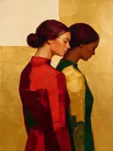 Twee vrouwen, olieverf in diep granaatappel, schilderachtig olieverf schilderij, twee vrouwen