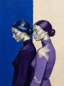 Twee vrouwen, olieverf in diep kobalt en violet, schilderachtig olieverf schilderij, twee vrouwen